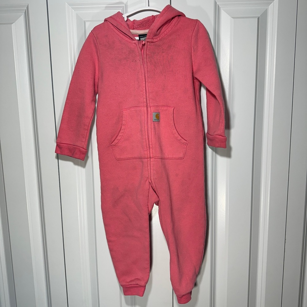 Carhartt Hooded Fleece Coverall Baby 18M Pink Logo Sleeve Cotton Blend Soft
